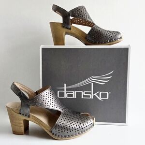 Dansko Teagan Heeled Sandals W/Peep Toe, Metallic Gunmetal Size 38 / US 7.5-8